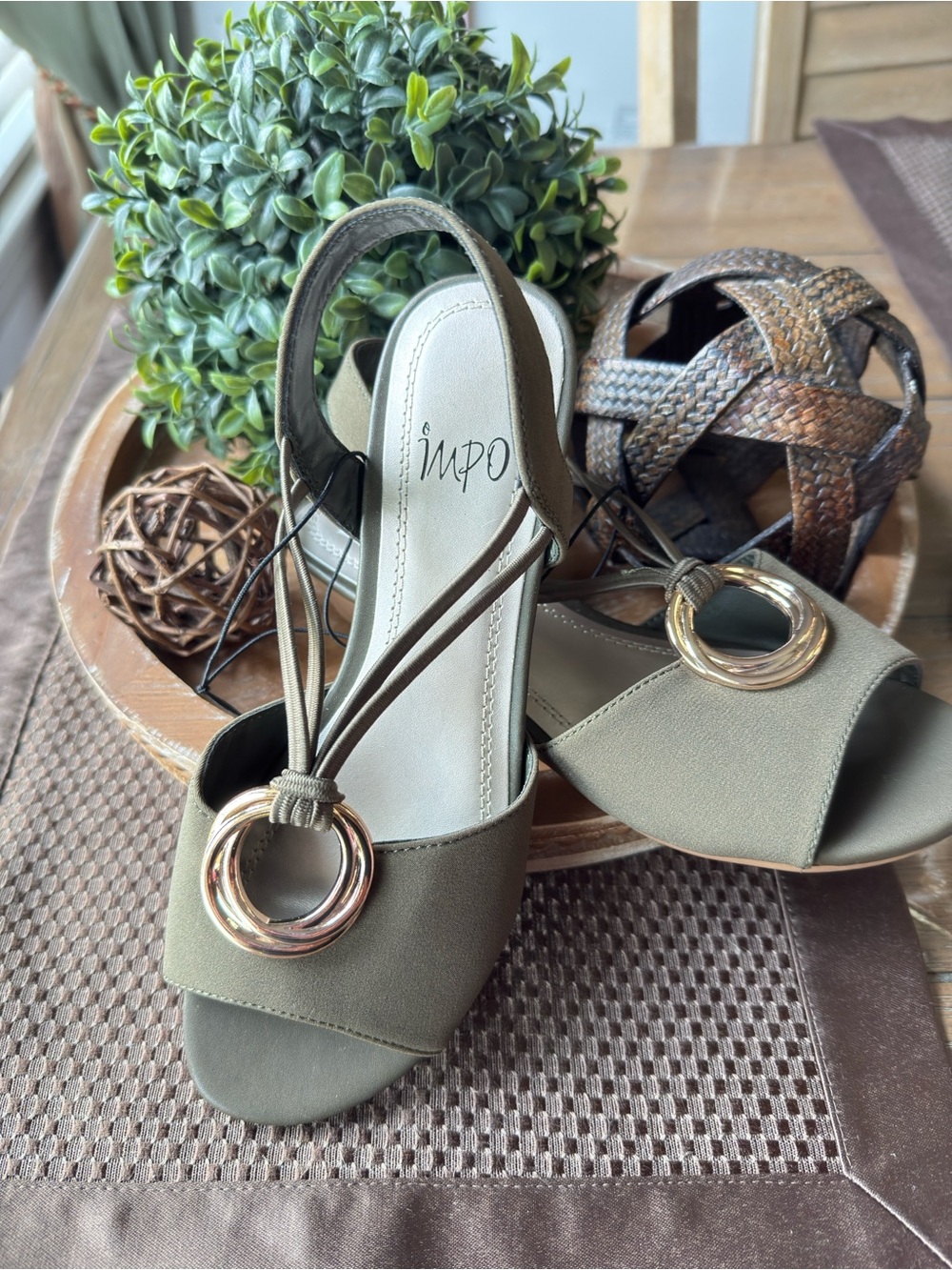 Impo Olive Green Slingback Sandals with Gold Ring Accent
